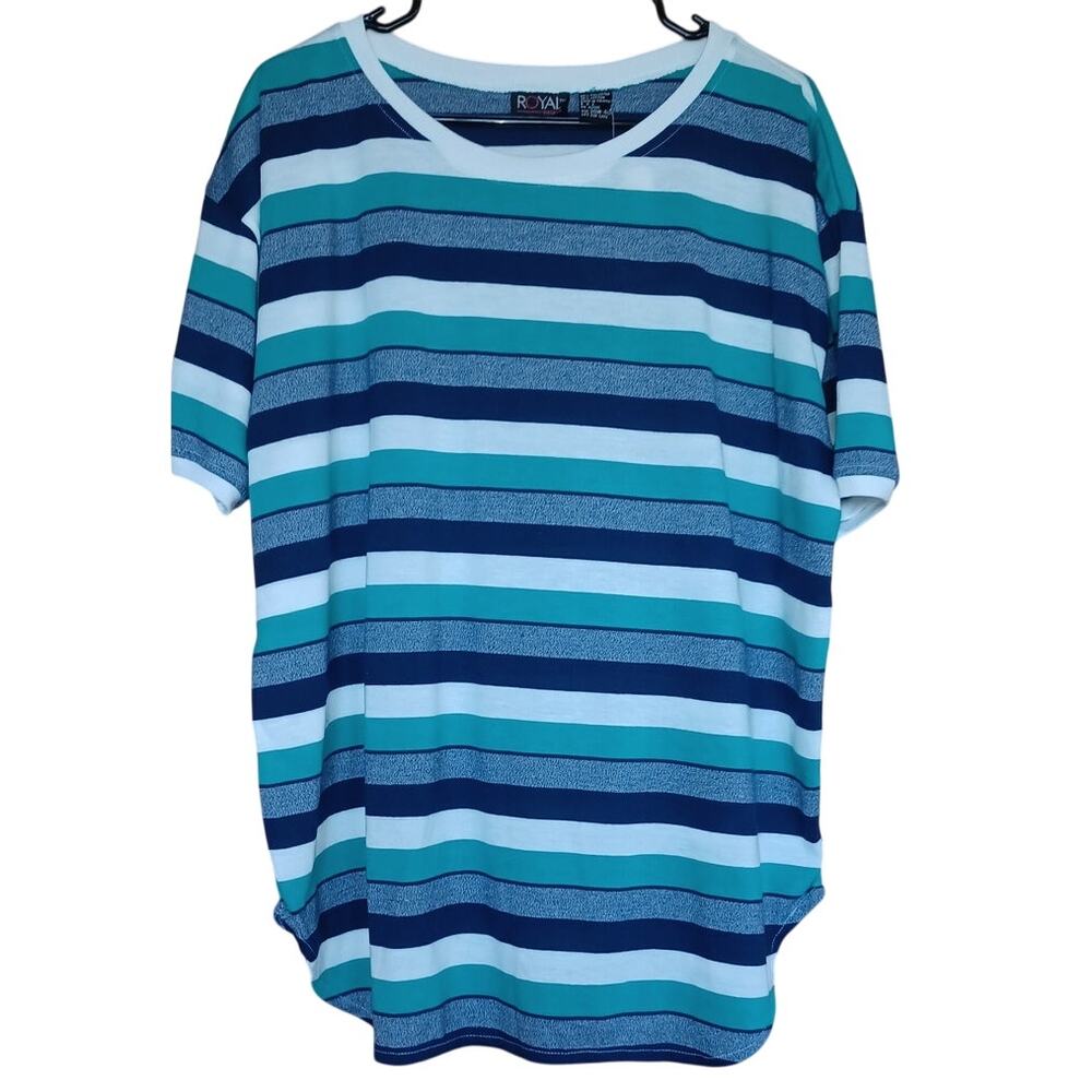 New Old Stock Striped Green Blue T Shirt Women's 20W Tunic Length Cotton Blend